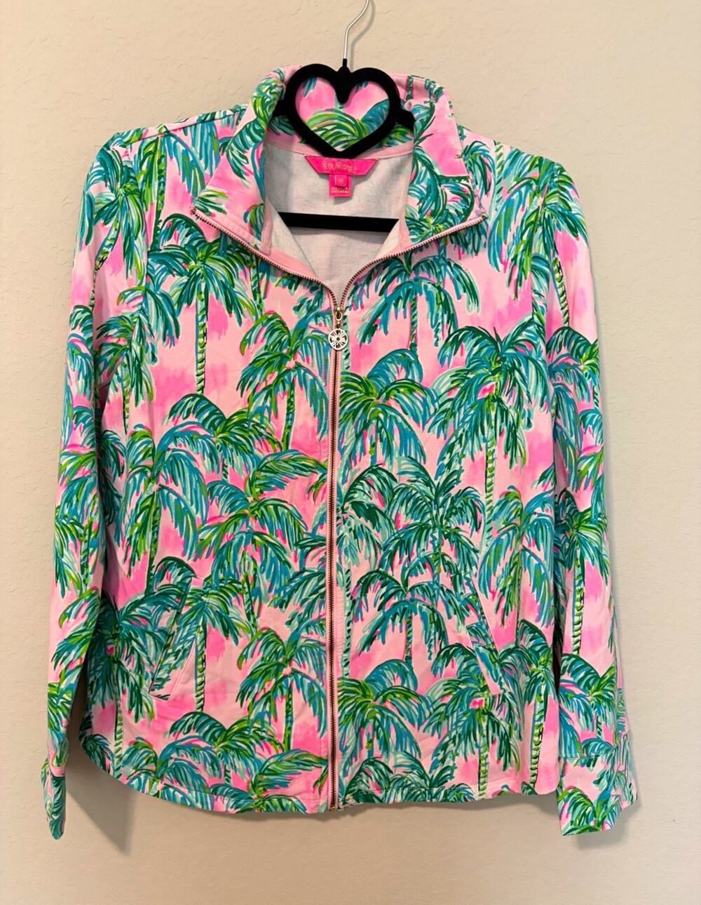 Lilly Pulitzer Leona UPF50 M Pink Palm Tropical Full Zip Jacket w/ Pockets